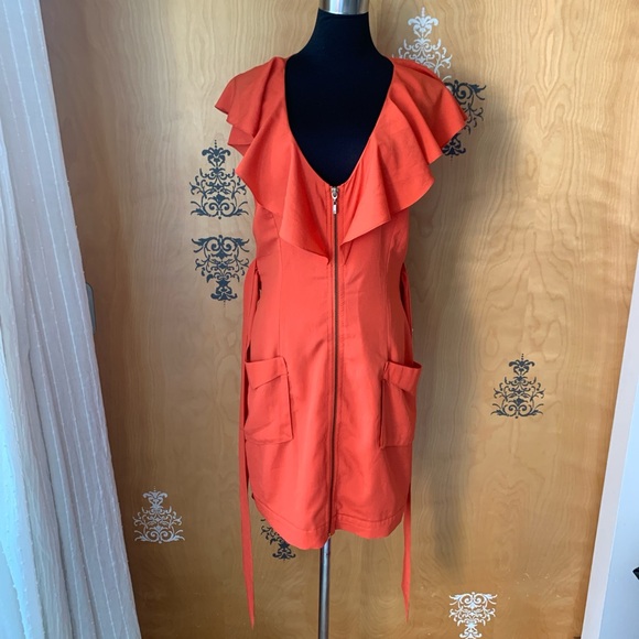 Vintage Y2K 2000s Bebe Coral Orange Ruffle Sleeve Zip-Up Mini Dress Tie Belt S/M - Picture 13 of 15
